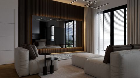 Living room with dark wood panelling and cream sofas